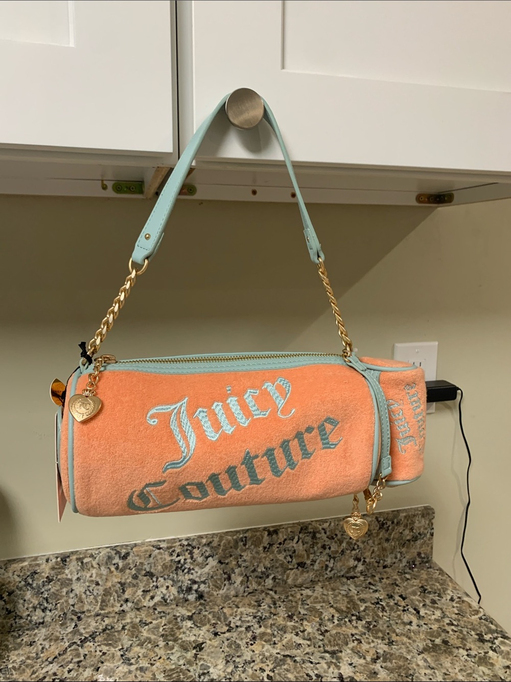 Juicy Couture Peach and Mint Barrel Shoulder Bag with Gold Accents